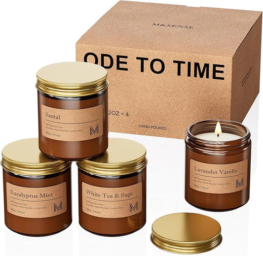 M&SENSE 4 Pack Candles Set for Home Scented Aromatherapy Candle Gift Set for Women Soy Wax Long Lasting Amber Jar Candles Gift for Birthday Housewarming Mother's Valentine Day