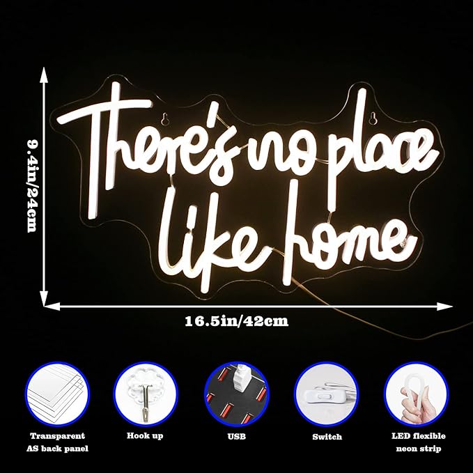 Lucunstar There‘s No Place Like Home Neon Sign,Neon Sign For Room,Warm White Led Neon Light for Wall Decor,Light Up Sign for Wedding,Home Party,USB Connectivity Neon Sign for Bedroom Decor,Home Decor