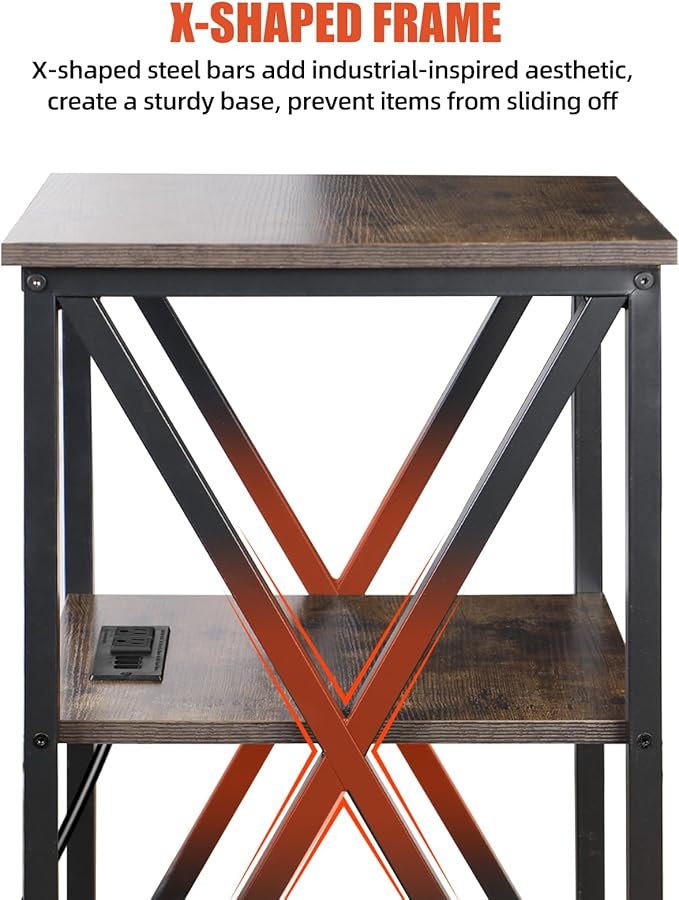 TooCust 3 Tier End Table with Charging Station, 16" W x 12" D x 28" H, Metal and Brown Bedside Table with USB Ports and Outlets, X-Shaped Side Table with Wheels for Living Room, Bedroom, Kitchen