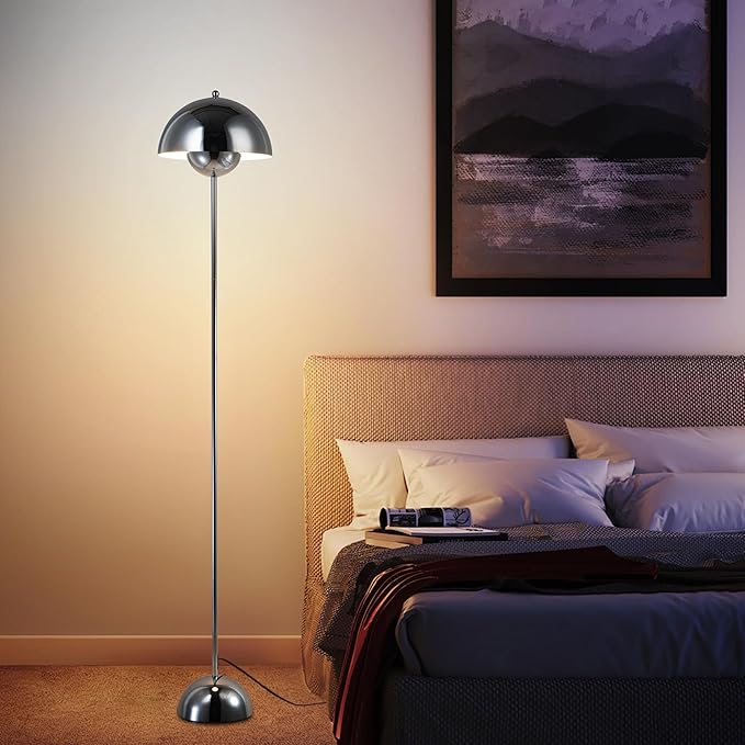 COSYLUX Modern Floor Lamp for Living Room, Industrial Tall Standing Lamp for Bedroom, Metal Shade Reflecting Light Reading Floor Lamp for Office, Nursery Room, Corner(Chrome)