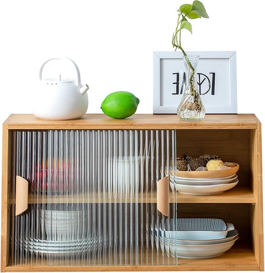 HollyHOME Small Bamboo Kitchen Pantry Sideboard with 2 Sliding Striped Glass Doors, Freestanding Countertop Storage Cabinet for Bottles, Dish, Bowl, Console Dining Cupboard, Burlywood