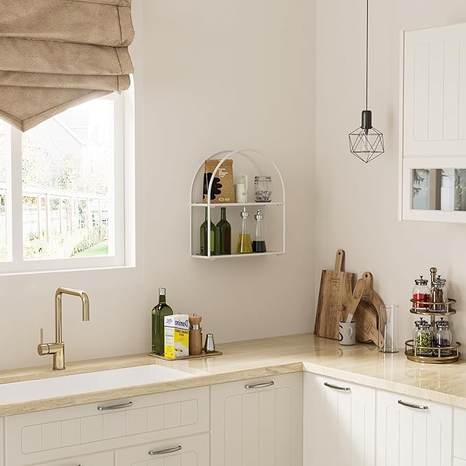 Crofy White Arched Frame Wall Shelf, Decorative 2 Tier Bathroom Wall Shelf with White Oak Finish Shelves and Robust Storage Capacity, 6" D x 17.9" W x 19.18" H