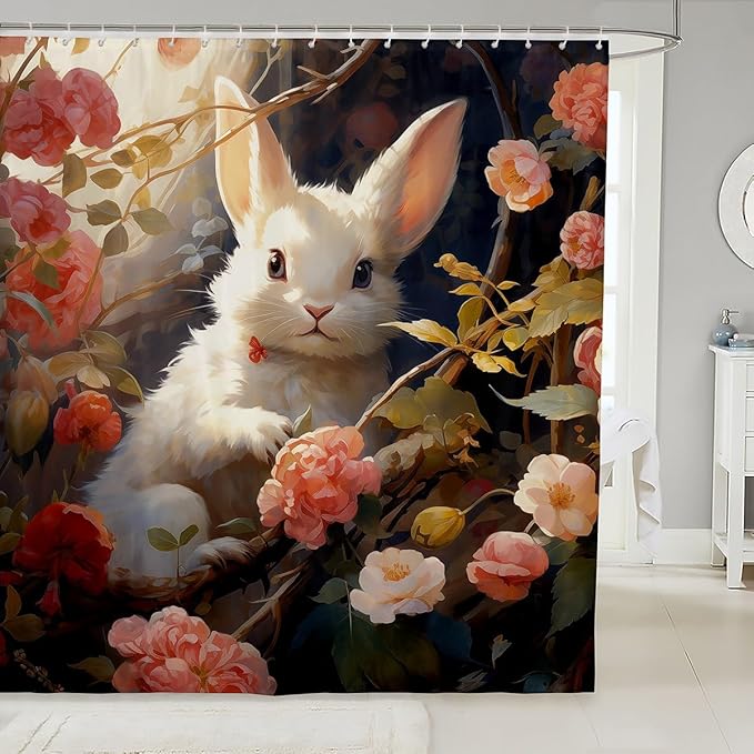 Feelyou Cute Rabbit Fabric Shower Curtain Cute Bunny Shower Curtain for Boys Girls 3D Print Bathroom Waterproof Accessories with 12 Hooks Pink Flower Curtains,72x84 Inches