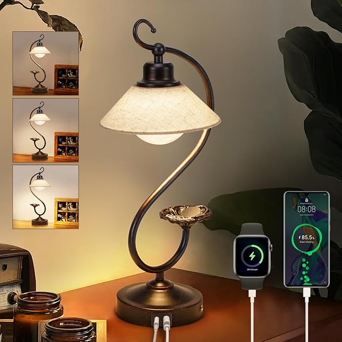 V05 Vintage Flower Table Lamp - Dimmable Nightstand Lamps with USB C+A Charging Ports, Farmhouse Touch Bedside Lamp, Unique Small LED Lamps for Bedroom, Living Room, Entry, Dining, Entryway