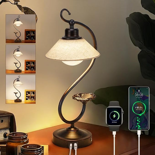 V05 Vintage Flower Table Lamp - Dimmable Nightstand Lamps with USB C+A Charging Ports, Farmhouse Touch Bedside Lamp, Unique Small LED Lamps for Bedroom, Living Room, Entry, Dining, Entryway