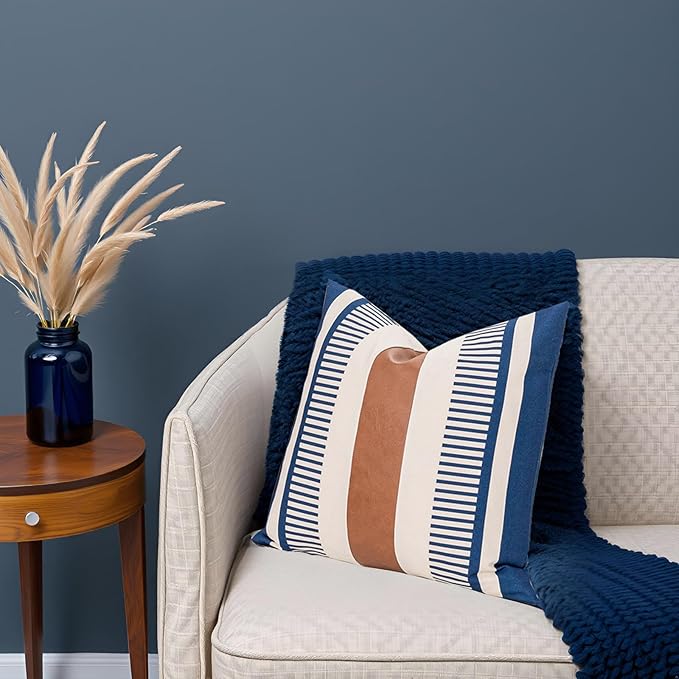 Farmhouse Stripe Pillow Cover 18x18 Boho Accent Cushion Case Faux Leather Decorative Pillowcase,Navy Blue and Beige (Cover ONLY, Pack of 2)
