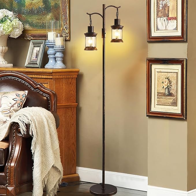 Vintage Dimmable Floor Lamp,2 Classical Lanterns Standing Lamp, Rustic Farmhouse Floor Lamp with Copper Black Finish, for Living Room (Red Copper)