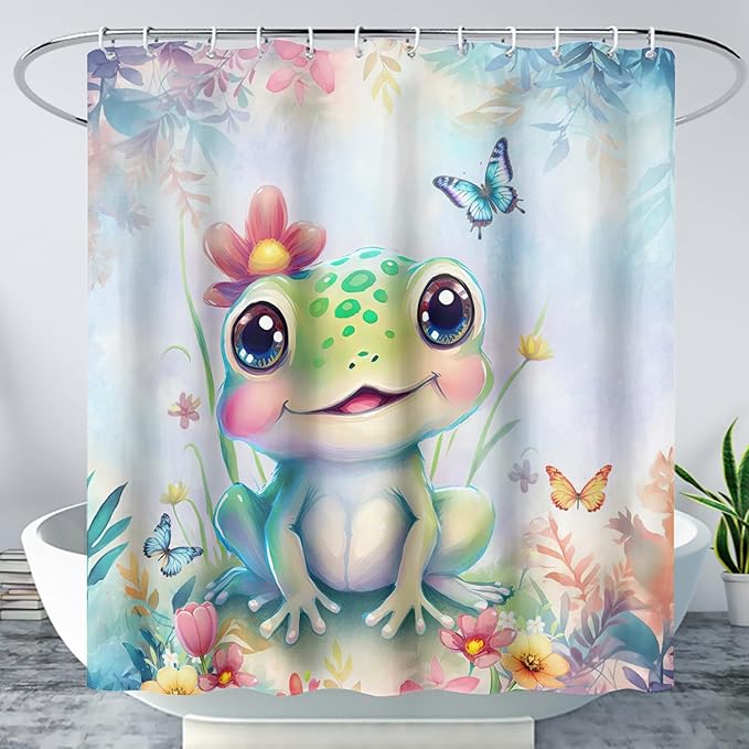 AILONEN Cartoon Frog Shower Curtain,Kawaii Frog Waterproof Fabric Bath Curtain for Kids Girls,Watercolor Blue Flower with Butterfly Shower Curtain Set for Bathroom with Hooks,36" W*72" H