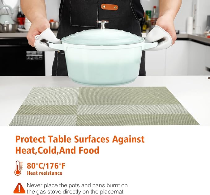 Placemats Set of 12,Washable,Heat and Stain Resistant Indoor/Outdoor Place mats, Vinyl Woven Non Slip Table Mats for Restaurant Table Protection, PVC Table Placemats.(Green, 12PCS)