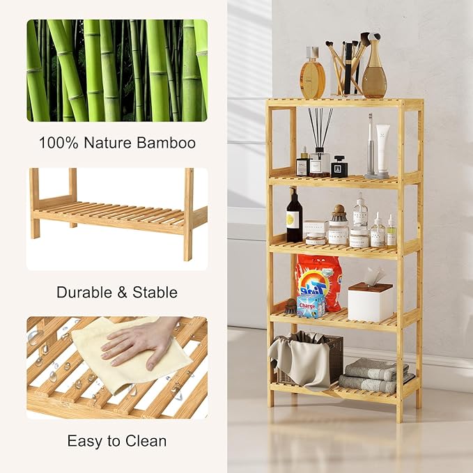 kinbor 5-Tier Bamboo Shelf Freestanding - Space-Saving Bathroom Standing Shelf & Plant Stand, 5 Shelf Bookcase for Kitchen, Living Room, Office (Natural Bamboo, Easy Assembly)