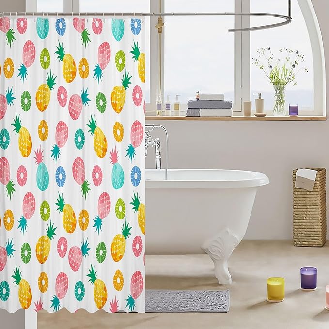 Feelyou Pineapple Shower Curtain Colorful Fruits Fabric Shower Curtain for Kids Boys Girls Tropical Pineapple Bathroom Waterproof Accessories with 12 Hooks Watercolor Curtains,72X72 Inches