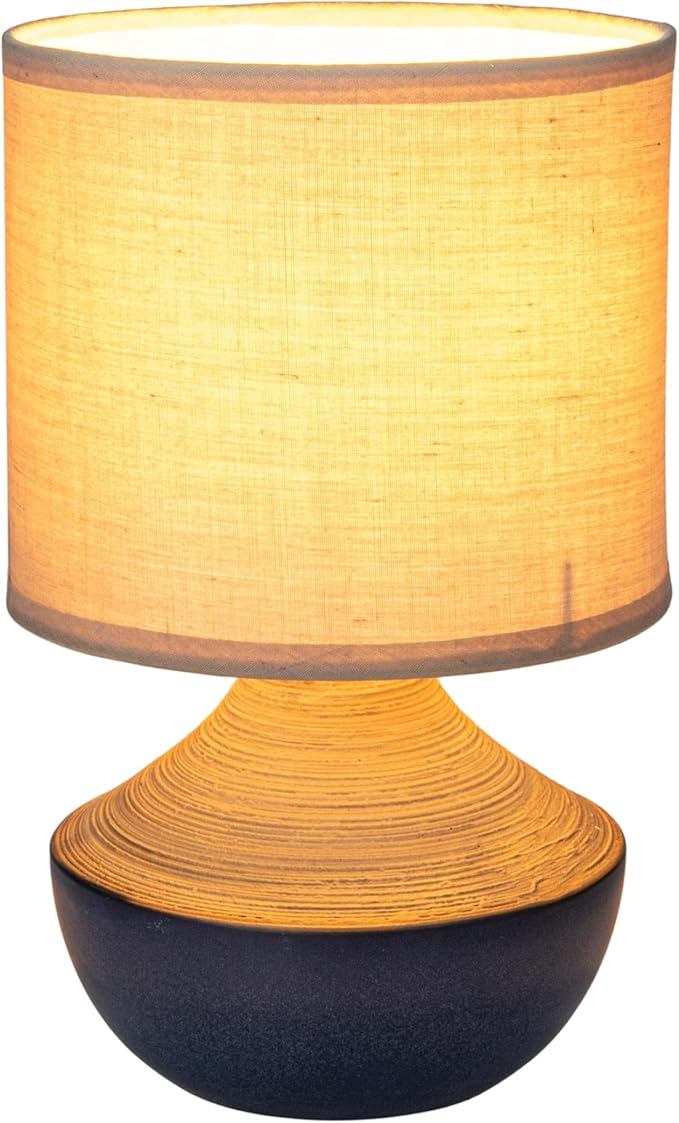 Creative Co-Op Stoneware Portable Table Lamp with Linen Shade, Black and Natural