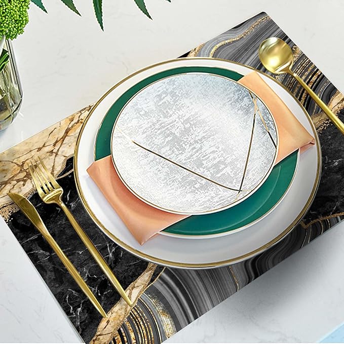 Mcalk Black Marble Table Runner and Placemats Set of 6 Pieces, Gold Marble Placemats, Modern Cloth Place Mats Indoor for Kitchen,Washable Linen Material for Dining Table