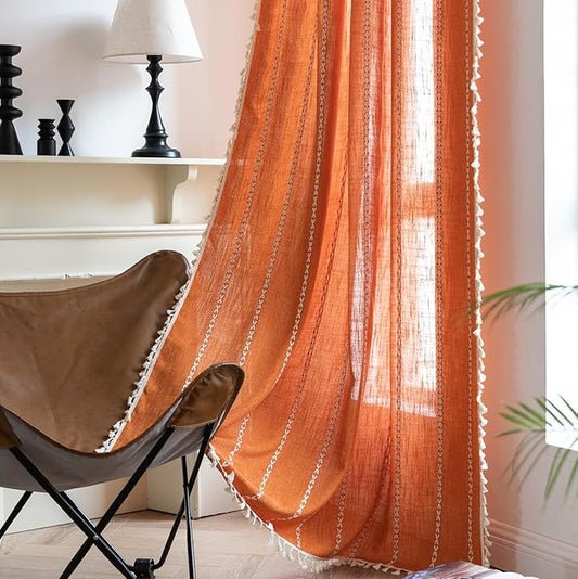Sutuo Home Boho Curtains for Bedroom 84 Inches Long, Terracotta Semi Blackout Farmhouse Tassels Window Treatment Bohemian Embroidery Drape for Halloween Decor, Rod Pocket 1 Panel 52" W x 84" L, Orange