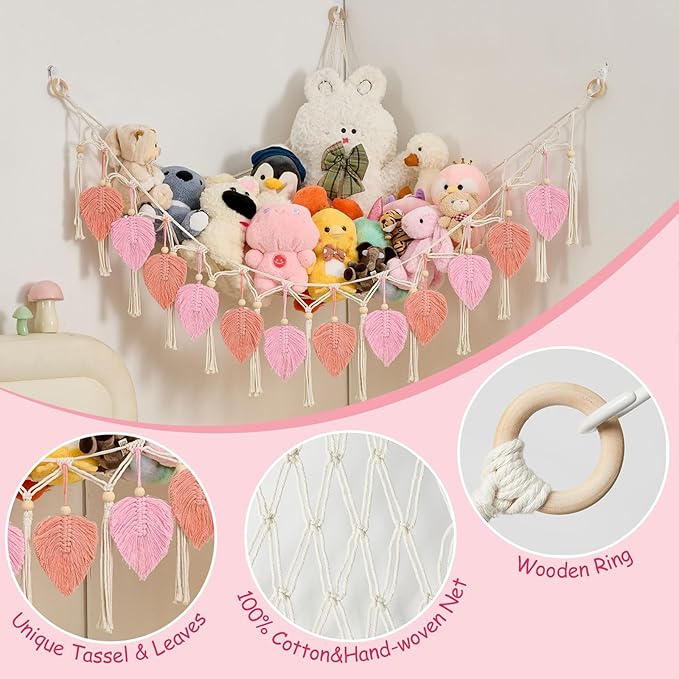 Pretty Jolly Macrame Leaf Wall Hanging Storage Hammock, 59" Boho Corner Organizer with Tassels, Stuffed Animal Plush Holder for Kids Room Nursery Decor (Leather Pink & Light Pink)