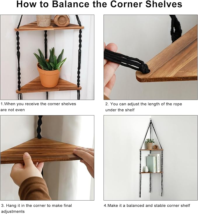 Artilady Macrame Corner Shelf Wall Hanging - 2 Tier Black Corner Floating Shelves Boho Wall Decor, Rustic Wooden Plant Shelf Storage Rack for Bedroom Living Room Bathroom