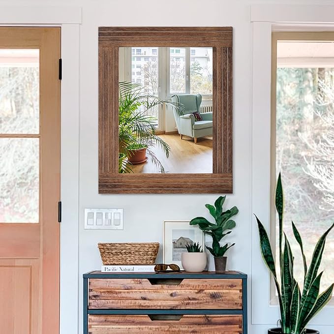 Rustic Mirror Wooden Rectangular Antique Wall Mirror Frame Decor Farmhouse Bedroom Dresser Bedroom Entryway Mirror Large Brown 26"x18"