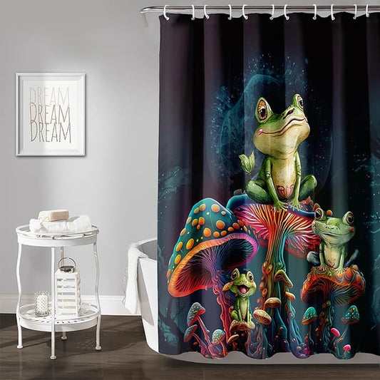 AILONEN Frog Mushroom Shower Curtain Cartoon Animal Wildlife Frog Mystic Black Sky Red Mushroom Minimalist Modern Art Shower Curtain Bathroom Decor Curtains with 12 Hooks,Green 72" W*84" H