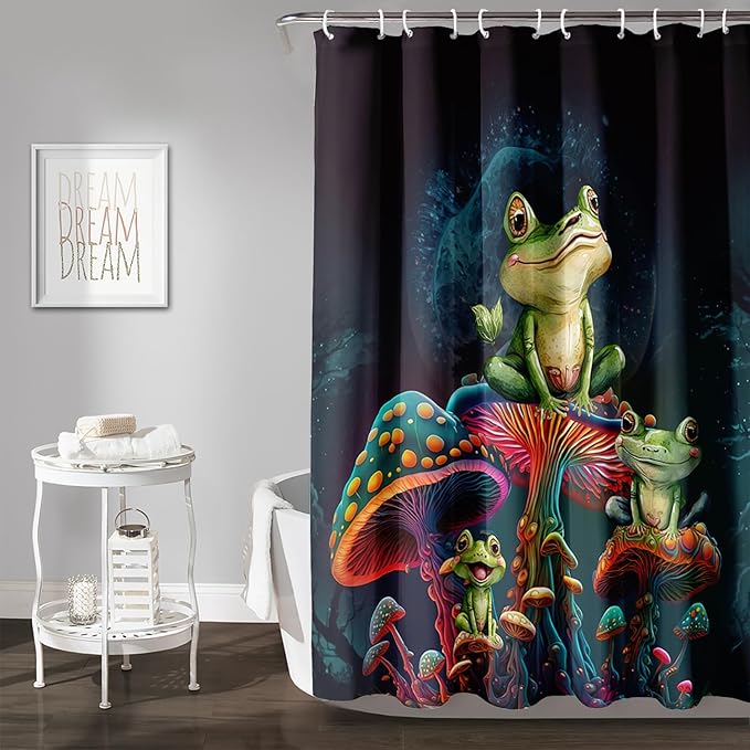AILONEN Frog Mushroom Shower Curtain Cartoon Animal Wildlife Frog Mystic Black Sky Red Mushroom Minimalist Modern Art Shower Curtain Bathroom Decor Curtains with 12 Hooks,Green 36" W*72" H