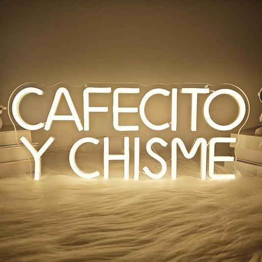 Funny Cafecito Y Chisme Neon Sign for Wall Decor Dimmable Cafecito Y Chisme Sign Mexican Gifts for Women Led Neon Light Sign for Bedroom Coffee Lover Gifts Home Kitchen Decoration