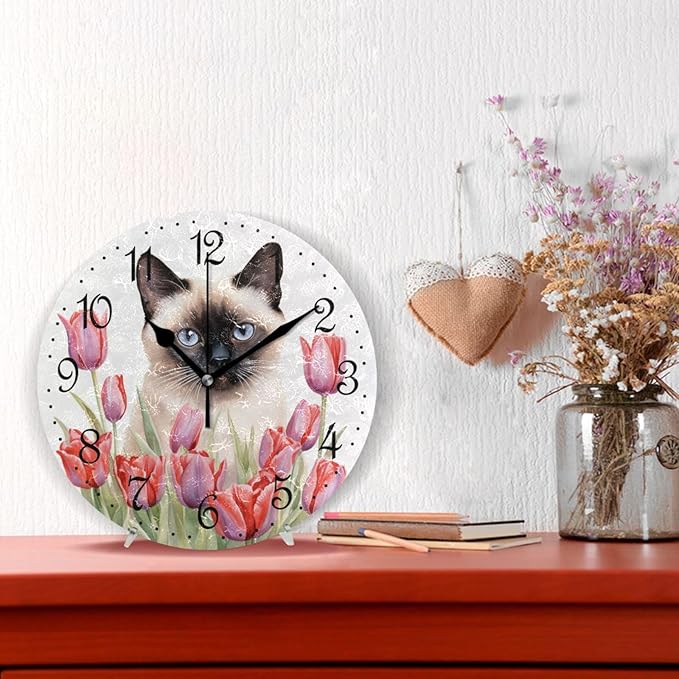 ALAZA Wall Clock Siamese Cat Red Tulips Silent Non-Ticking Decorative Wall Clocks Battery Operated 10 Inch for Home Living Room Kitchen Bathroom Bedroom