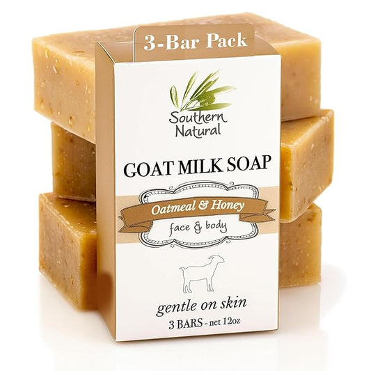 Southern Natural Oatmeal Soap Bar (3 Pack) Unscented Goat Milk Soap Bars With Colloidal Oatmeal & Honey. For Dry, Sensitive Skin. Fragrance Free Cleanser