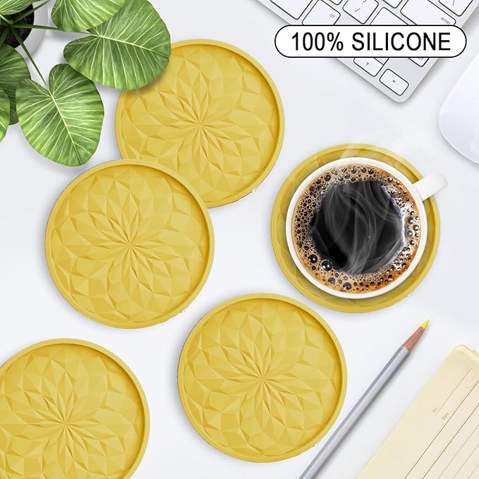 ME.FAN Silicone Coasters with Holder,[6 Pack] Drinking Coasters - Cup Mat for Hot or Cold Drinks, Thickened, Non-Slip, Non-stick,Deep Tray Yellow