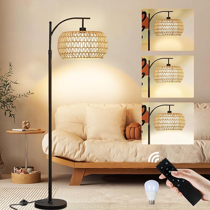 Boho Rattan Floor Lamps for Bedroom with 3 Color Temperatures, 75'' Farmhouse Arc Floor Lamp Adjustable Height with Shades/Remote Control/12W LED Bulb/360° Rotatable for Living Room, Office