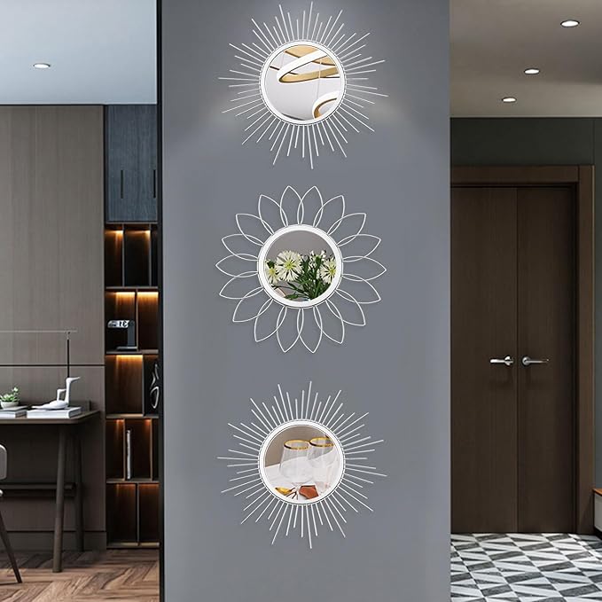 3 Pack Metal Mirrors for Wall Sunburst Wall Mirrors Home Décor Decorative Hanging Wall Art for Living Room Bedroom Entryway (Silver, Flower+Sunburst)