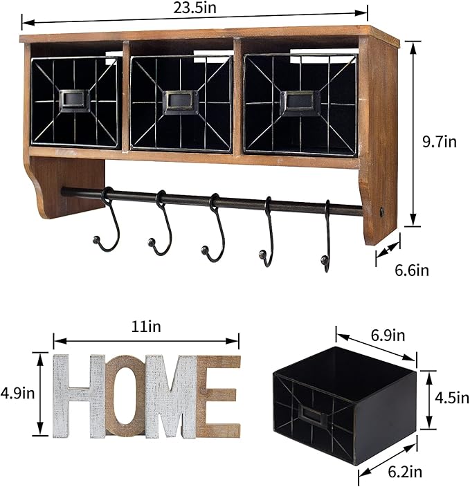 Coffee Bar Shelf with Baskets and Hooks, Wall Mounted Storage Hanging Coat Rack Shelf for Entrance, Bathroom, Living Room and Kitchen
