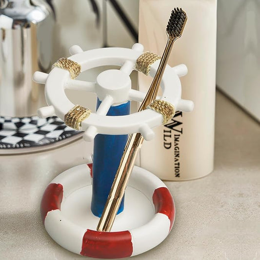 Toothbrush Holder Stand for Bathroom Vanity, Pen Storage for Desktop, Nautical Boat Ship Steering Wheel Decor