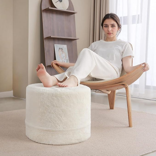 Tiita Round Stuffed Pouf Ottoman, Plush Poufs with Foam Chunk Filling, Foot Rest Stool for Living Room, Cream