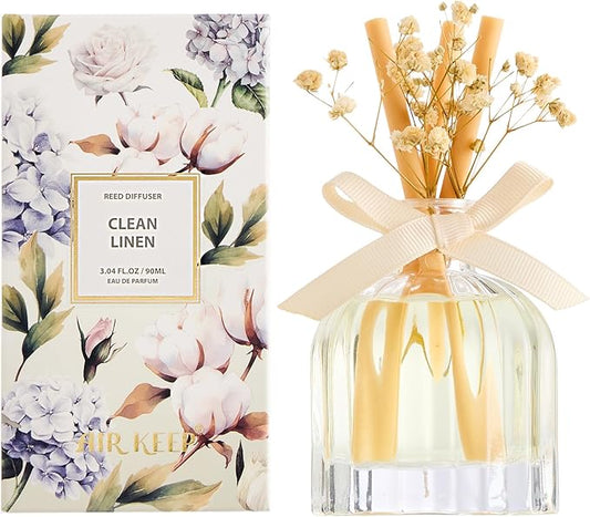 Airkeep Reed Diffuser Set with 3 Sticks,3.04oz Clean Linen Baby's Breath Flower Flame Free Fragrance Diffuser for Home Décor Floral Diffuser Room Fresheners for Home Long Lasting