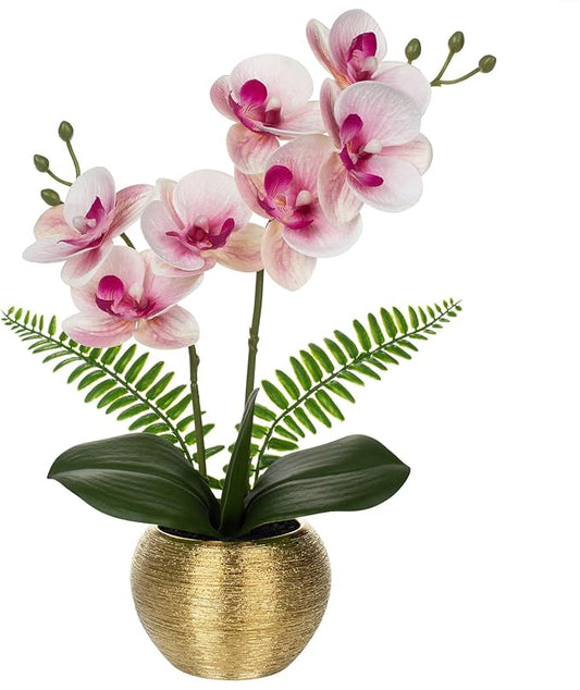 Briful Fake Orchid Fake Plant 13''Pink Orchids Artificial Flowers with Gold Ceramic Vase Faux Orchid for Home Office Gold Table Centerpiece Decor Indoor