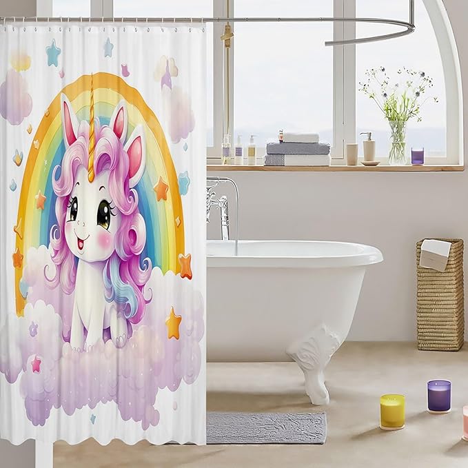 Feelyou Cute Unicorn Fabric Shower Curtain Kids Rainbow Bathroom Waterproof Accessories with 12 Hooks for Boys Girls Bright Colorful Shower Curtain Star Cloud Curtains,72x84 Inches