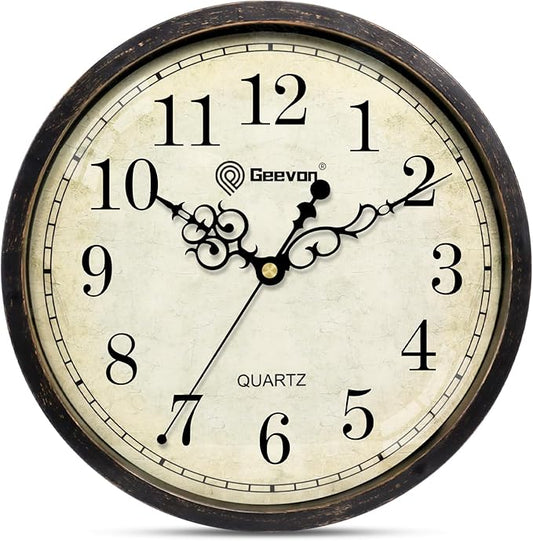 Geevon Vintage Wall Clock 10" Silent Non-Ticking - Retro Round Quartz Battery Operated Decorative Clock for Kitchen, Living Room, Bedroom, Office, Classroom