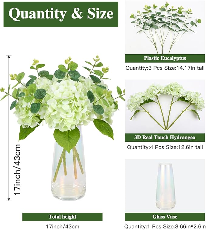 Tifuly Fake Hydrangea Artificial Flowers with Vase 4pcs Real Touch Faux Hydrangea with 3pcs Eucalyptus Stems for Wedding Centerpiece Home Party Table Decoration（Green）