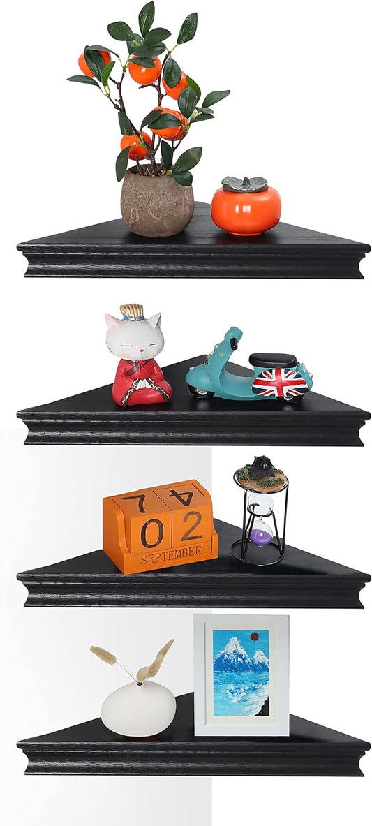 Corner Floating Shelf for Wall Set of 4,Triangular Corner Shelves Wall Mounted for Bedroom,Living Room,Bathroom,Kitchen-Black
