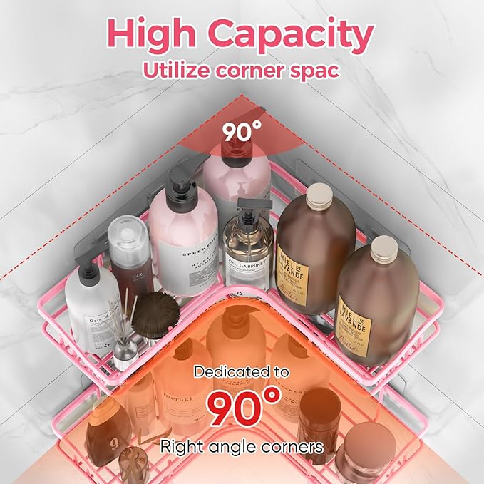 Pink Corner Adhesive Shower Caddy，Rustproof Stainless Steel Corner Shower Shelves for Bathroom Kitchen, No Drilling Wall Mounted Shower Rack for Inside Shower, 3 Pack