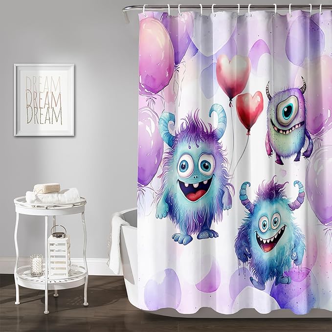 AILONEN Monster Shower Curtain for Bathroom, Cute Monster Purple Balloon Printed Bath Curtain,Women Girls Kids Minimalist Waterproof Fabric Shower Curtain Set with Hooks 72" W*84" H