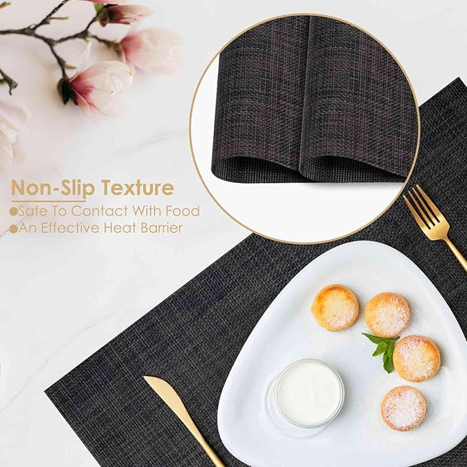 GIVERARE Placemats Set of 4, Heat-Resistant Woven Vinyl Placemat 12x18in, Non-Slip Washable PVC Table Mat, Easy to Clean Premium Plastic Mats for Dining, Kitchen Table (Black/Gray)