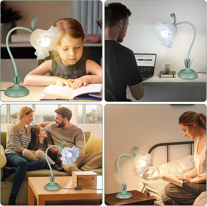 Flower Desk Lamp,LED Reading Light Bedside Vintage Flower Night Light,3 Colors Modes Cute Bedside Lamps Decor,Living Room Bedroom Room Kawaii Lighting Table Lamps Home Decoration (Green)