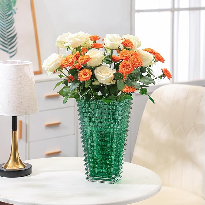 MCMCNCUIU Crystal Vase, Large Crystal Vases for Flowers, Large Flower Vase, Modern Green Vases for Living Room, Bedroom, Kitchen, Dining Table, Mantle, Wedding, 11 Inches