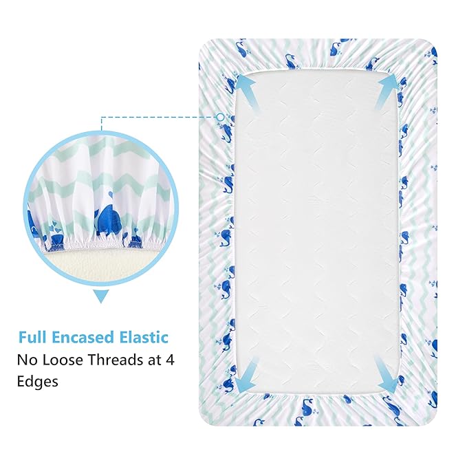 TILLYOU Baby Crib Sheets for Boys Girls, Fitted Crib Sheet 2 Pack for Standard Crib and Toddler Mattresses, Super Soft Toddler Bed Sheets, 28" x 52" x 8", Navy Whale & Light Green