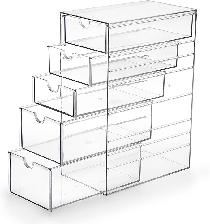Hipiwe 5-Drawers Plastic Storage Organizer, Clear Hair Accessories Organizer with Large Capacity for Bathroom, Dresser, Cosmetic Hair Tie Container for Girls Women