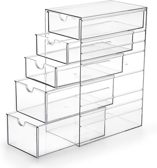 Hipiwe 5-Drawers Plastic Storage Organizer, Clear Hair Accessories Organizer with Large Capacity for Bathroom, Dresser, Cosmetic Hair Tie Container for Girls Women