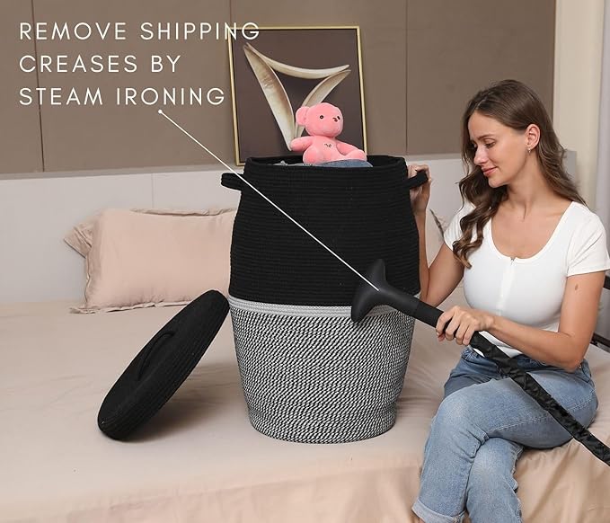 26" x 20" Tall Extra Large Storage Basket with Lid, Cotton Rope Storage Baskets, Woven Laundry Hamper with Cover, for Clothes Blanket in Living Room, Two Sides Black/Black Mix