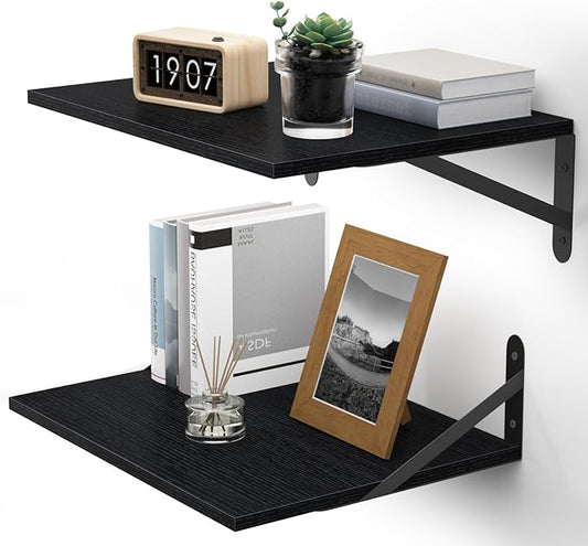 Black Deep Floating Shelves for Wall, 16" W x 12" D Wood Wall Shelf Set of 2, Bookshelf Wall Mounted Hanging Shelves for Living Room, Kitchen, Office, Bathroom and Bedroom Decor