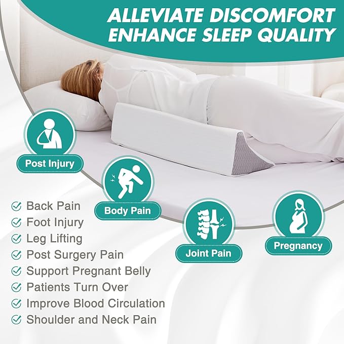 Wedge Pillow for Side Sleeping, Bed Wedge& Body Positioners, Back Pillow for Pregnancy, Back Pain, Leg Elevation and Side Sleepers, Memory Foam Body Pillow, Anti-Slip Base, White/Grey
