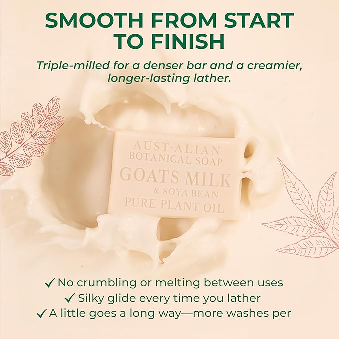 Australian Botanical Soap Goat Milk Soap Bar Triple-Milled Vegan Cleanser with Shea Butter & Soya Bean Oil – Gentle Hydration for Sensitive Skin 6.8 oz – 1 Pack